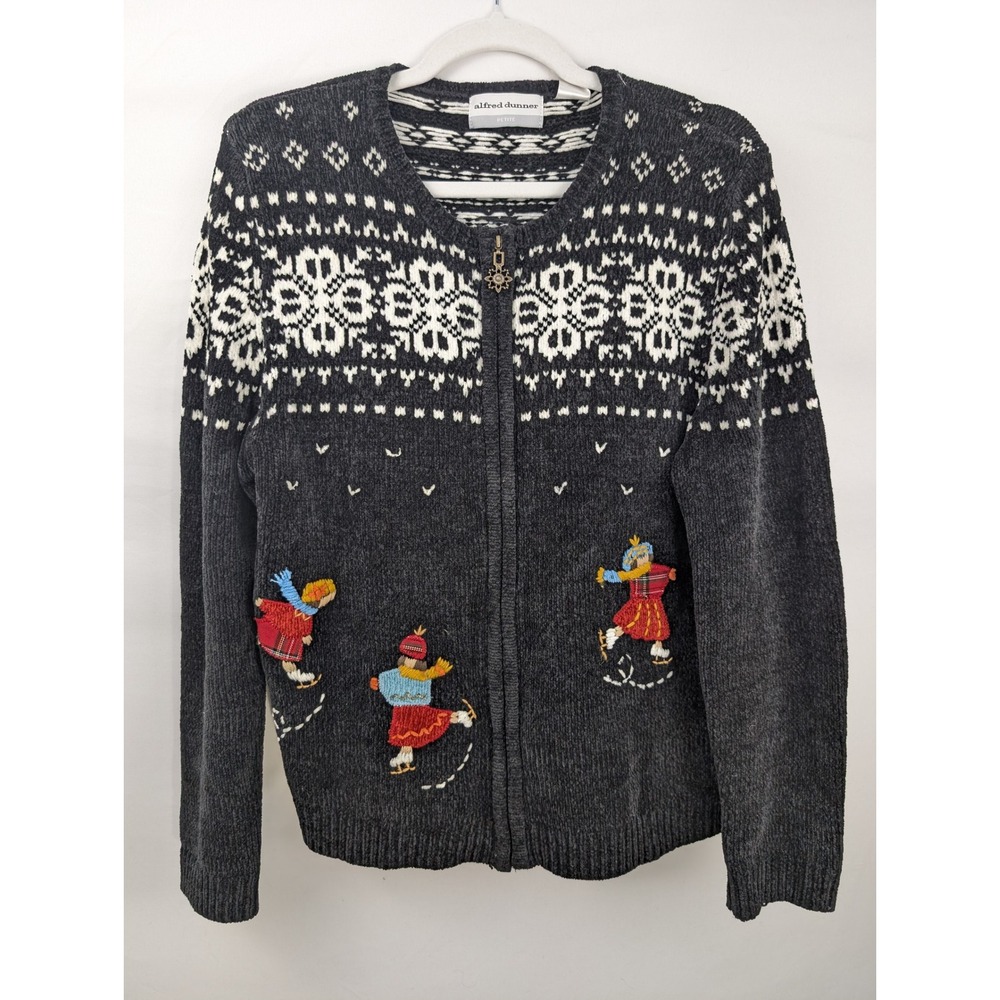 Vintage Y2K Fair Isle Ice Skater Zip Sweater Size L Petite Black Holiday Cottage